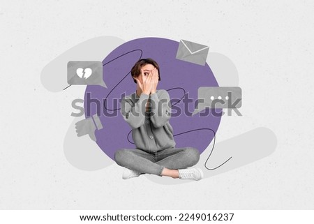 Creative abstract template collage of afraid young woman hide face negative comment social media dislike unfollow unsubscribe depression