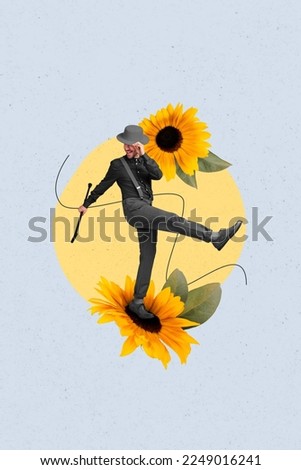 Creative photo 3d collage artwork postcard poster picture of positive man host enjoy concert have fun isolated on painting background