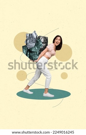Creative trend collage of young pretty woman carry hold trash rubber litter crumpled paper walking climate change weird freak bizarre