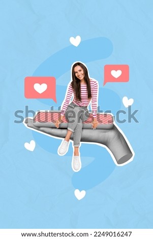 Creative trend collage of attractive young woman sitting device gadget screen arm hold social media heart love like icon influencer
