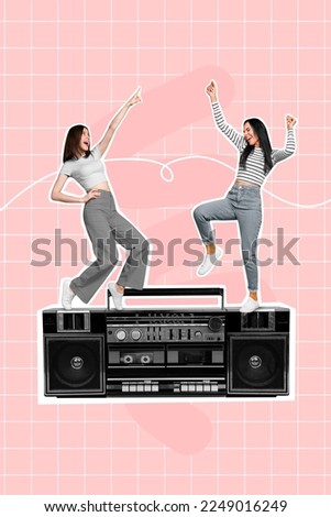 Vertical creative collage image of positive excited two young women dancing boom box have fun party maker students weekend vacation