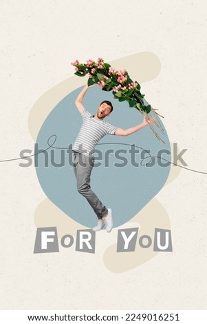 Vertical collage picture of impressed mini guy arms hold big flowers bouquet for you greeting card isolated on painted background