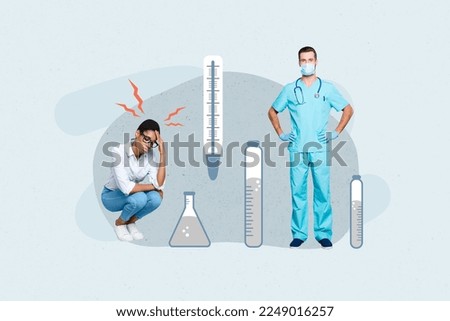 Collage photo of young medical doctor wear clinic mask touch waist near girl headache coronavirus symptom temperature isolated on grey background