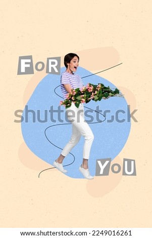 Creative poster collage of excited amazed young cute lady walking carry hold bouquet 8 march for you bloom flowers present gift bizarre
