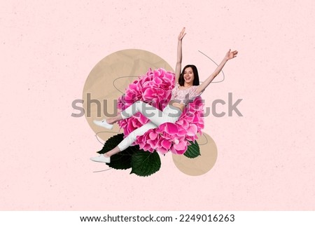 Photo collage cartoon comics sketch picture funky excited lady sitting big fluffy flower isolated drawing background