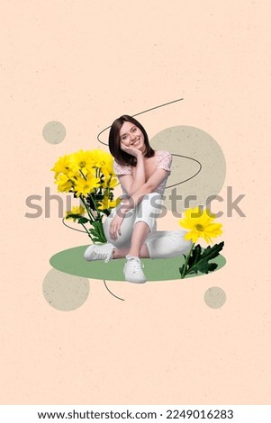 Creative abstract collage template graphics image of smiling charming lady enjoying flower aroma isolated drawing background