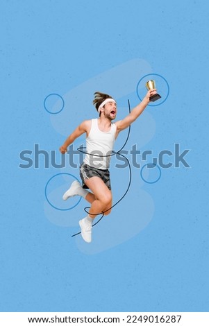 Composite collage picture image of excited energetic young man holding golden goblet sportwear healthcare running fast bizarre unusual