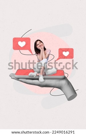 Photo collage cartoon comics sketch picture of smiling happy lady sitting apple samsung modern device isolated drawing background Royalty-Free Stock Photo #2249016291