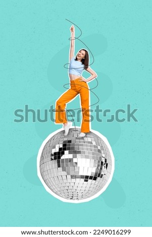 Creative poster collage of dancing energetic young woman gave fun disco ball party time youngster fantasy billboard comics weekend