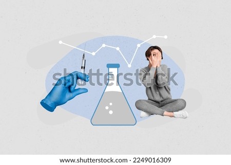 Creative drawing collage picture of young woman afraid hide face hand glove doctor hold syringe chemicals flask vaccination immune system