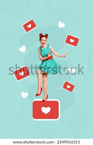 Collage photo of young funky hipster lady wear vintage outfit high heels blue dotted skirt celebrate popularity likes isolated on blue background