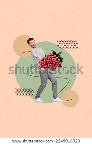 Vertical collage image of excited positive guy arms hold huge tulips flowers bouquet isolated on creative background