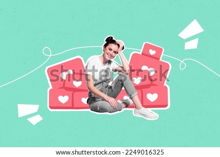 Collage 3d image of pinup pop retro sketch of happy smiling lady enjoying getting positive feedbacks isolated painting background