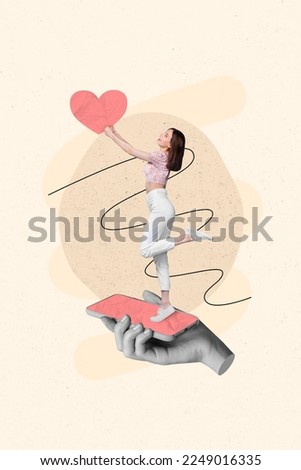 Creative abstract collage template graphics image of charming dreamy standing cell phone touch screen rising heart isolated drawing background