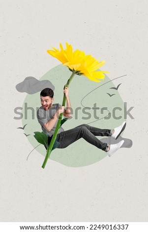 Collage photo of young active crazy overjoyed flying air heaven student guy hold big yellow flower for girlfriend isolated on grey background