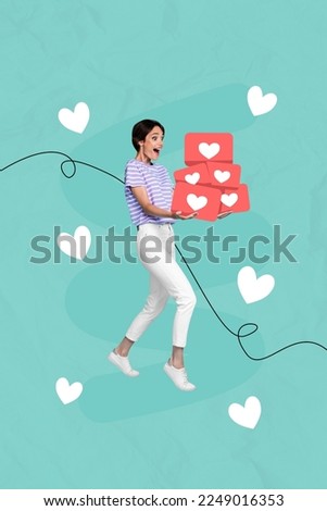 Collage 3d image of pinup pop retro sketch of excited young woman go hold carry heart icon social media notification successful blogger