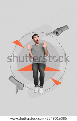Composite collage picture image of shocked amazed young man arms hands point thumb down judge accuse negative feedback bullying Royalty-Free Stock Photo #2249016385