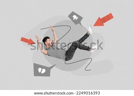 Composite collage image of scared man falling down thumb down social media message notification broken heart icon negative feedback
