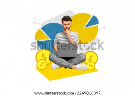 Creative photo 3d collage artwork postcard poster of young minded man project startup increase budget isolated on painting background