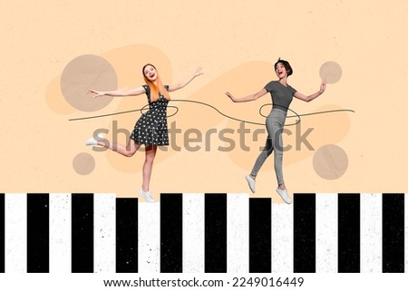 Creative photo 3d collage artwork poster postcard of people beautiful girls step walk piano keys isolated on painting background