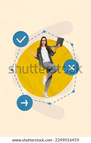 Creative photo 3d collage artwork poster postcard of happy lady completed task project startup isolated on painting background
