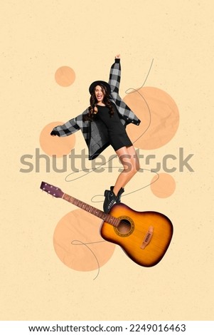 Creative photo 3d collage artwork poster postcard of overjoyed happy lady performing first big concert isolated on painting background