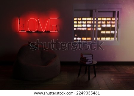 reading corner with a bean bag and a small table with books on it and a red neon sign with the word love illuminating the room and a window overlooking the city at night. 3d render