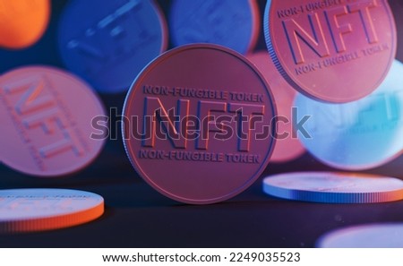 close-up of messy NFT coins with neon lighting. metaverse concept, non-fungible token, cryptoart, play to earn and economy. 3d rendering