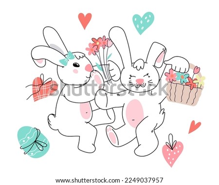 Funny cute adorable bunnies and easter eggs, hand drawn doodle kawaii style vector illustration. Easter greeting card rabbits characters.