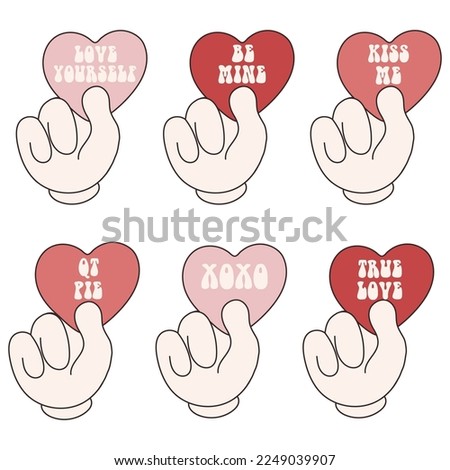 Groovy lovely stickers hearts in hands with caption. Love concept. Happy Valentines day. Funky happy heart character in trendy retro 60s 70s cartoon style. Vector illustration in pink red colors	
