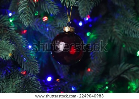 Red Christmas ball on fir tree at night, closeup