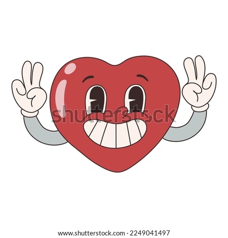 Groovy lovely stickers heart character is smiling. Love concept. Happy Valentines day. Funky happy heart character in trendy retro 60s 70s cartoon style. Vector illustration in pink red colors	


