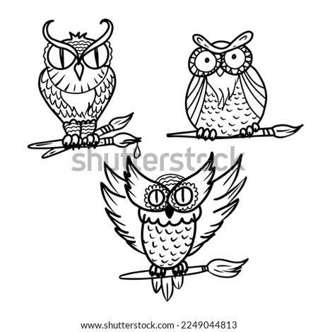 Vector  hand drawn illustration of cartoon funny owls holding a brush with paint.