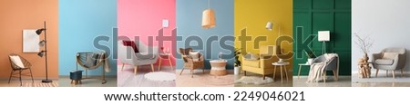 Collage of trendy armchairs in modern interiors of living room Royalty-Free Stock Photo #2249046021