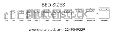 Bed Sizes and Mattress Dimensions . Pictograms depict icons of bed sizes. Vector