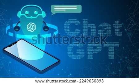 Chat GPT, artificial intelligence chatbot. Chat GPT robot in hologram reflected from the phone. Chatbot illustration for banner, poster, website, landing page, ads, flyer template. Royalty-Free Stock Photo #2249050893