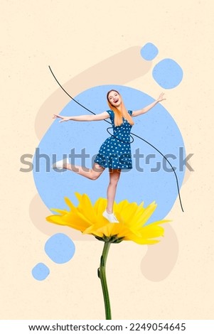 Creative trend collage of charming lovely cheerful young girl dancing daisy yellow flower spring summer time shopping sales weekend vacation