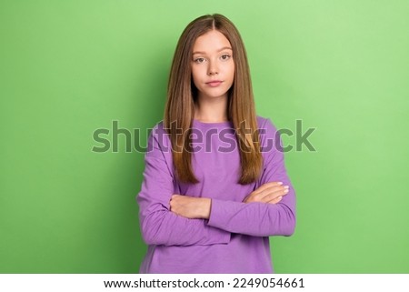 Photo of smart adorable lady wear purple clothes arm crossed successful passes test exam isolated on green color background