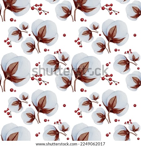 Vintage Vector Seamless Pattern of cotton flowers and berries. Autumn pattern. hand painted watercolour. Botanical illustrations