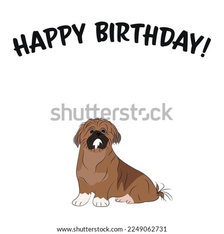 Happy birthday card with dog, holiday design. Present for a dog lover. Funny cartoon dog breed illustration.  Minimalistic greeting card. Fun 
Shih Tzu toy dog in hat character postcard.