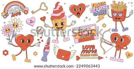 Trendy comic groovy valentines day sticker set. Retro valentines day. 70s 60s aesthetics. Vintage vector.