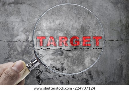 Magnifying glass searching "TARGET" over cracked wall as a background