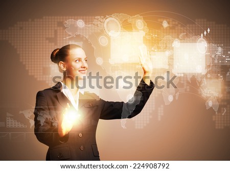 Attractive businesswoman touching icon of media screen