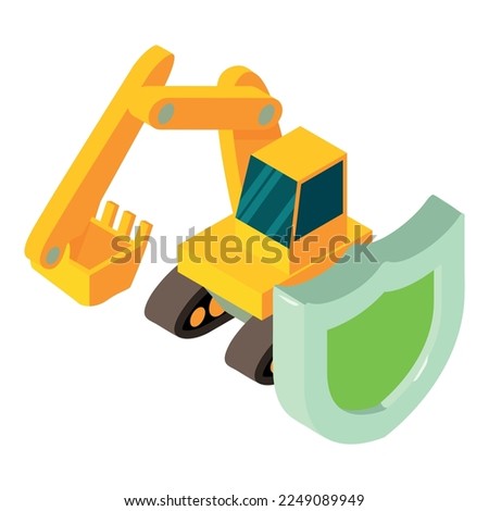 Construction machinery icon isometric vector. Shield, construction excavator icon. Ecological building, environmental protection