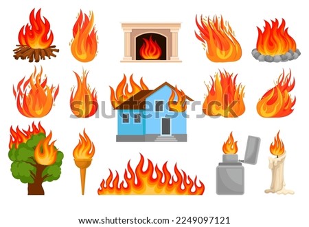 Burning Fire and Flames with Fireplace, Firewood, House, Candle, Tree and Torch Big Vector Set