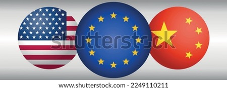 Three round icons with european union flag in the center and american, chinese flags on the sides vector. concept of europe relations with partners