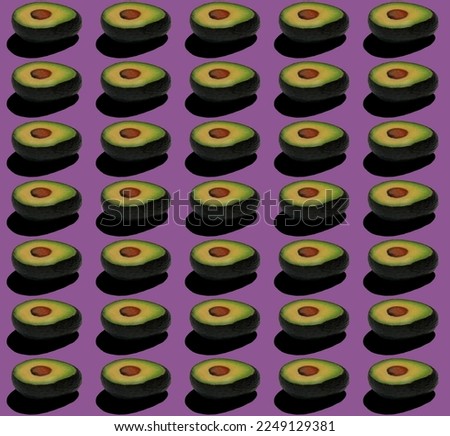 seamless pattern of fresh avocado with shadow on purple background 