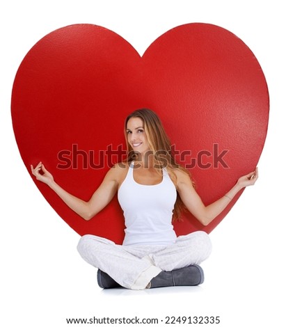 Heart, love and woman portrait sitting with a smile, happiness and isolated white background. Hearts cartoon, calm and model happy about romance vision, valentines day and beauty with mock up