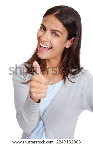 Hand, thumbs up emoji and portrait of a woman in studio for winning, success and thank you. Happy female with yes, vote and like sign for deal, sale or discount isolated on a white background