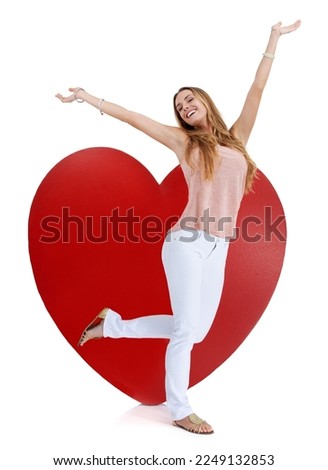 Heart graphic, valentine love portrait and woman happy with freedom and excited feeling. Model, isolated white background and beautiful young person with happiness and dancing joy with mockup